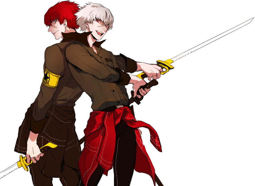 alternate_color, armband, arms_up, black_pants, black_sleeve_cuffs, blue_eyes, closed_mouth, clothes_around_waist