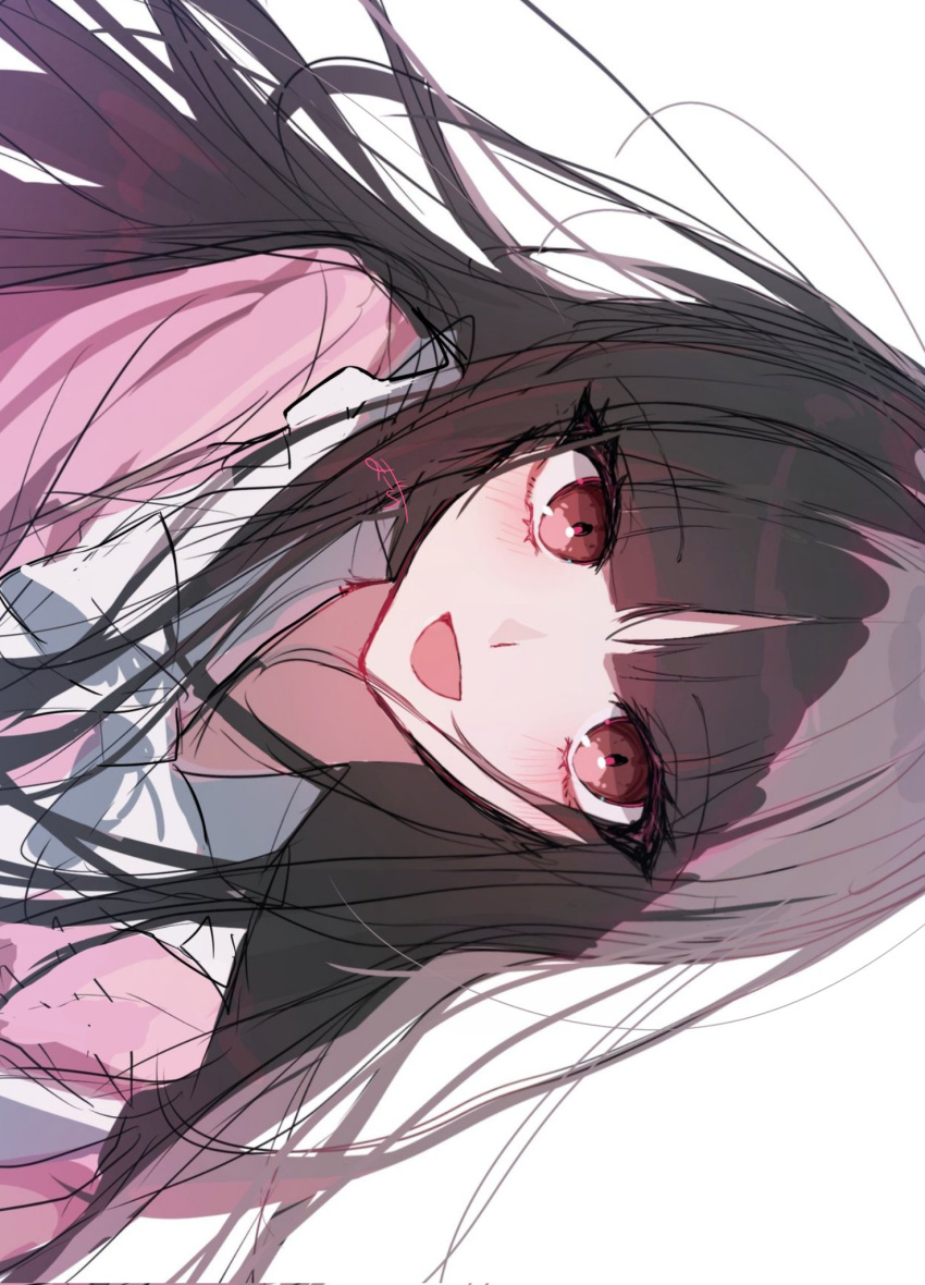 1girl, :d, black_hair, blunt_bangs, bow, bowtie, collared_shirt, danganronpa_(series)