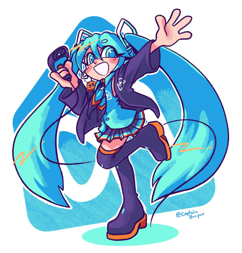 1girl, aqua_eyes, aqua_hair, aqua_shirt, artist_name, ascot, black_footwear, black_jacket