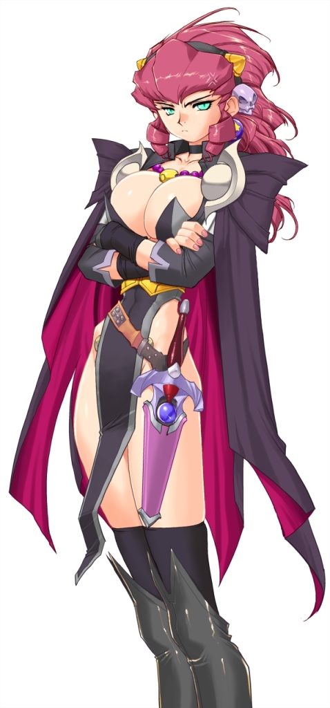 1girl, crossed_arms, dagger, doora, dora, female, fingerless_gloves, gloves, green_eyes, kajiyama_hiroshi, queen's_blade, queen's_blade_spiral_chaos, red_hair, redhead, simple_background, solo, thigh-highs, thighhighs, weapon