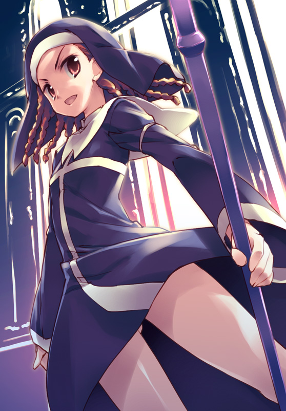 braid, habit, hoshizaki_hikaru, long_sleeves, nun, open_mouth, red_eyes, red_hair