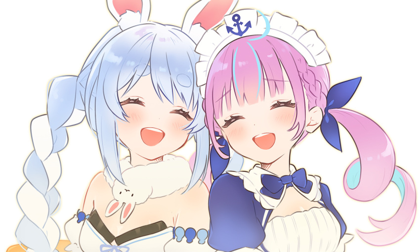 2girls, ashikawa_shiho, blue_bow, blue_hair, blunt_bangs, bow, bowtie, braid