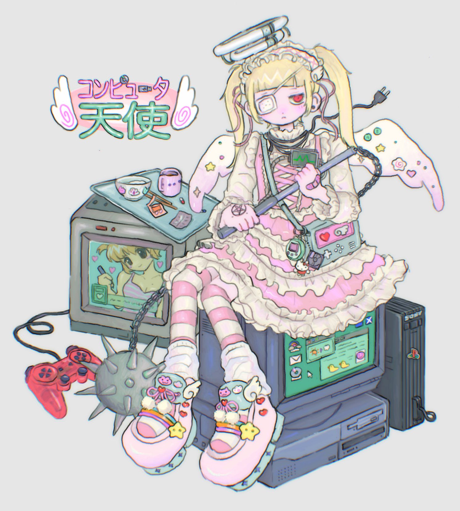 1girl, bag_charm, blonde_hair, charm_(object), commentary, computer, crt, decora, desktop_(computing), dress, eyepatch, full_body, game_console, hello_kitty, hello_kitty_(character), highres, holding, holding_mace, holding_weapon, lolita_fashion, looking_at_viewer, mace, monitor, original, pink_dress, playstation_2, playstation_controller, r_m_c_3, red_eyes, sanrio, simple_background, sitting, solo, sony, sweet_lolita, symbol-only_commentary, tamagotchi, tamagotchi_(classic), tamagotchi_(virtual_pet), translation_request, visual_novel, weapon, white_background, wings, yume_kawaii