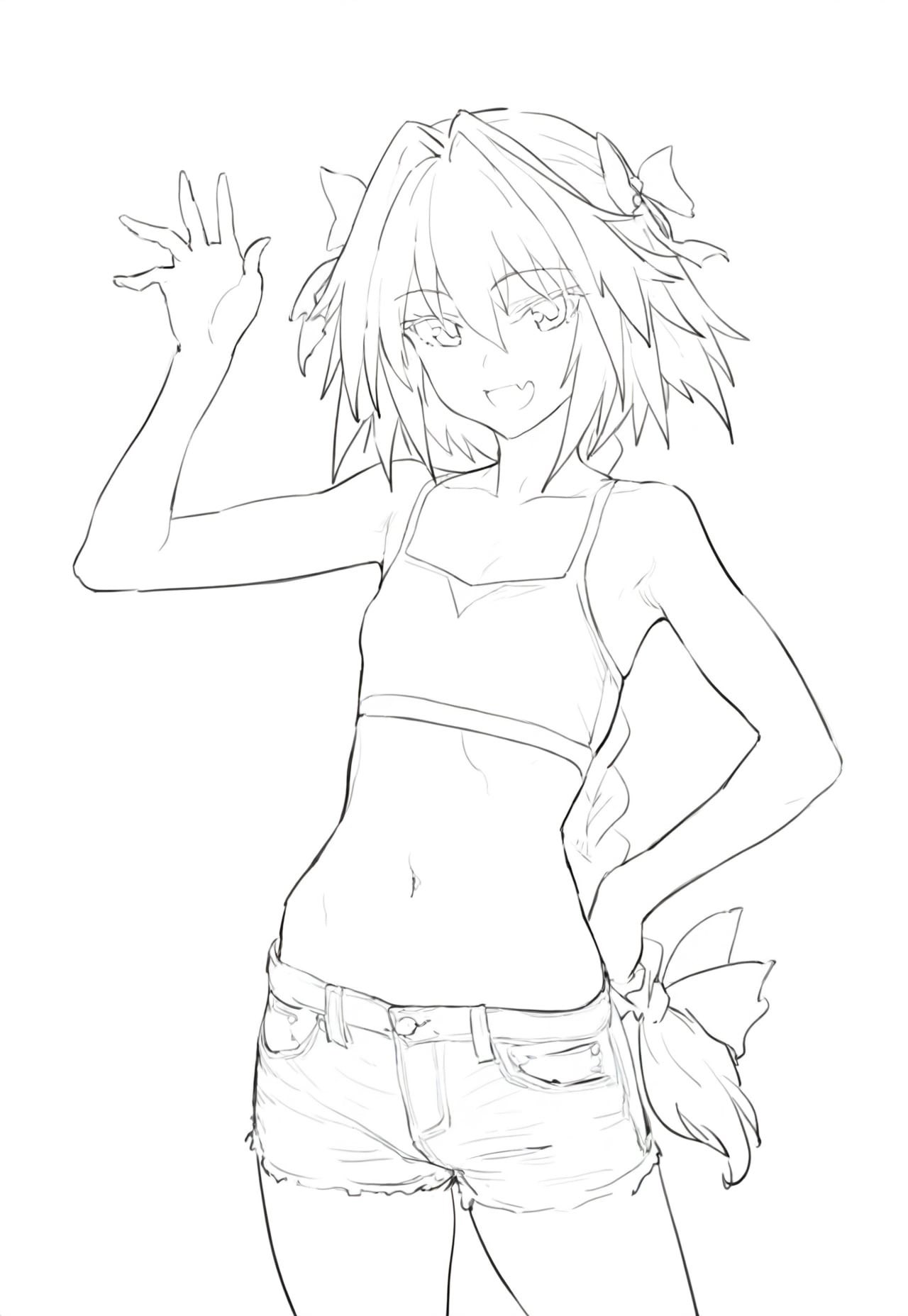 1boy, armpits, astolfo_(fate), bow, braid, crop_top, fang, fate_(series)