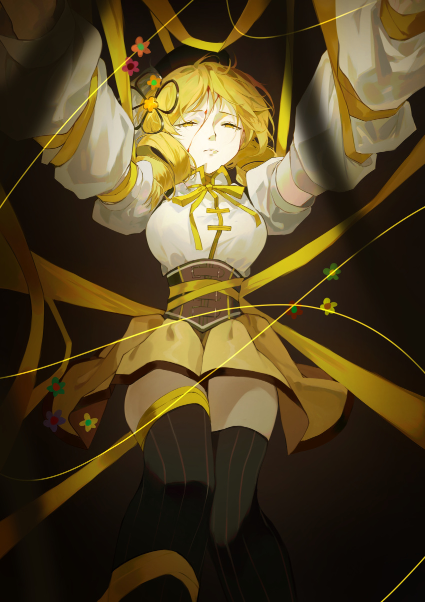 1girl, absurdres, beret, black_background, black_corset, black_hat, black_thighhighs, blonde_hair