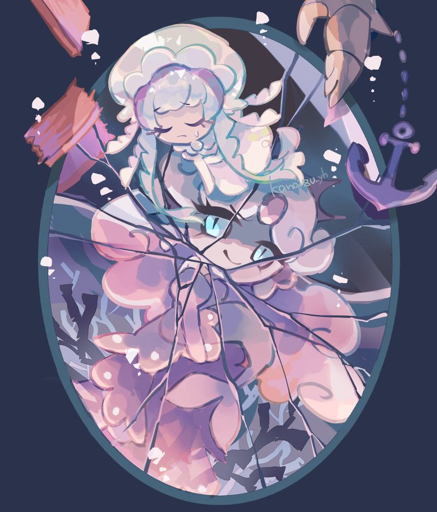 2girls, anchor, black_pearl_cookie, blue_eyes, bonnet, closed_eyes, commentary_request, cookie_run