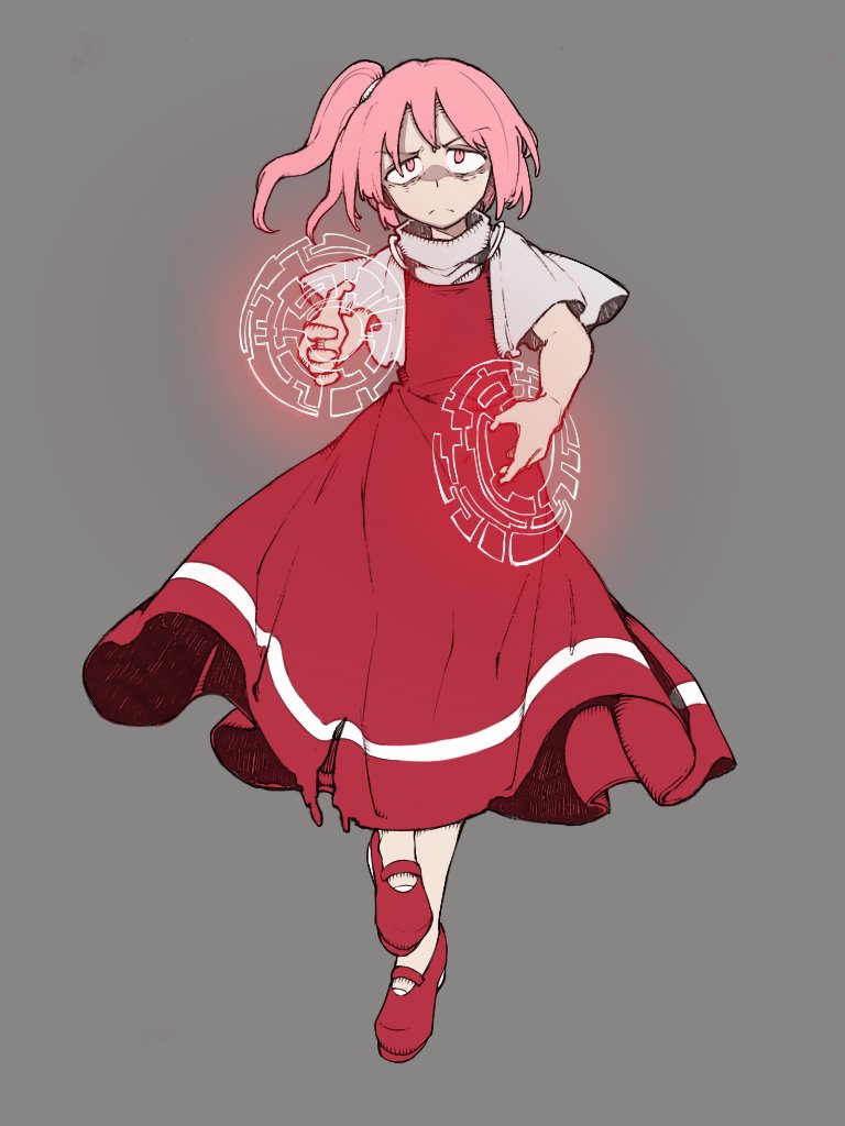 1girl, bare_arms, bolos, closed_mouth, commentary, determined, dress, frown
