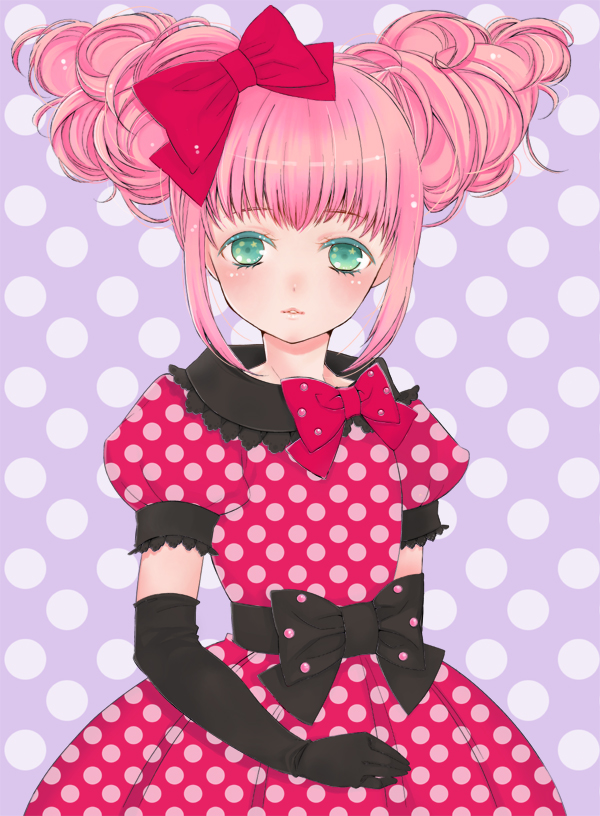 bad_id, bow, dress, elbow_gloves, gloves, green_eyes, hair_bow, kokonoe_(saku), male, original, payot, pink_hair, polka_dot, solo, trap, twintails