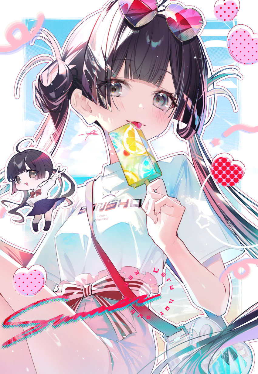 1girl, ahoge, arm_up, beach, black_eyes, black_hair, black_socks, blue_skirt, blue_sky, blunt_sidelocks, blush, bow, bow_skirt, bowtie, breasts, cellphone, chibi, chibi_inset, clouds, day, eyewear_on_head, food, fruit, glasses, hair_bun, heart, heart-shaped_eyewear, highres, ice_cream, kneehighs, lemon, lemon_slice, licking, long_hair, original, phone, pink_skirt, pleated_skirt, polka_dot, pouch, red_bow, red_bowtie, school_uniform, shirt, side_up_bun, sidelighting, signature, single_side_bun, skirt, sky, small_breasts, smartphone, socks, striped_bow, summer, v, very_long_hair, white_shirt, yu_pa_u