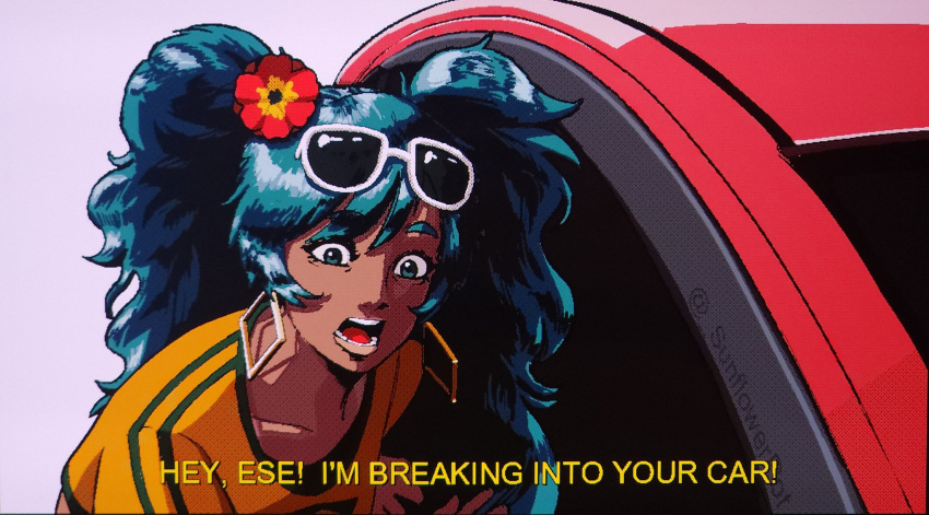 black_skin, brazilian_miku, car, colored_skin, derivative_work, earrings, english_text, eyewear_on_head