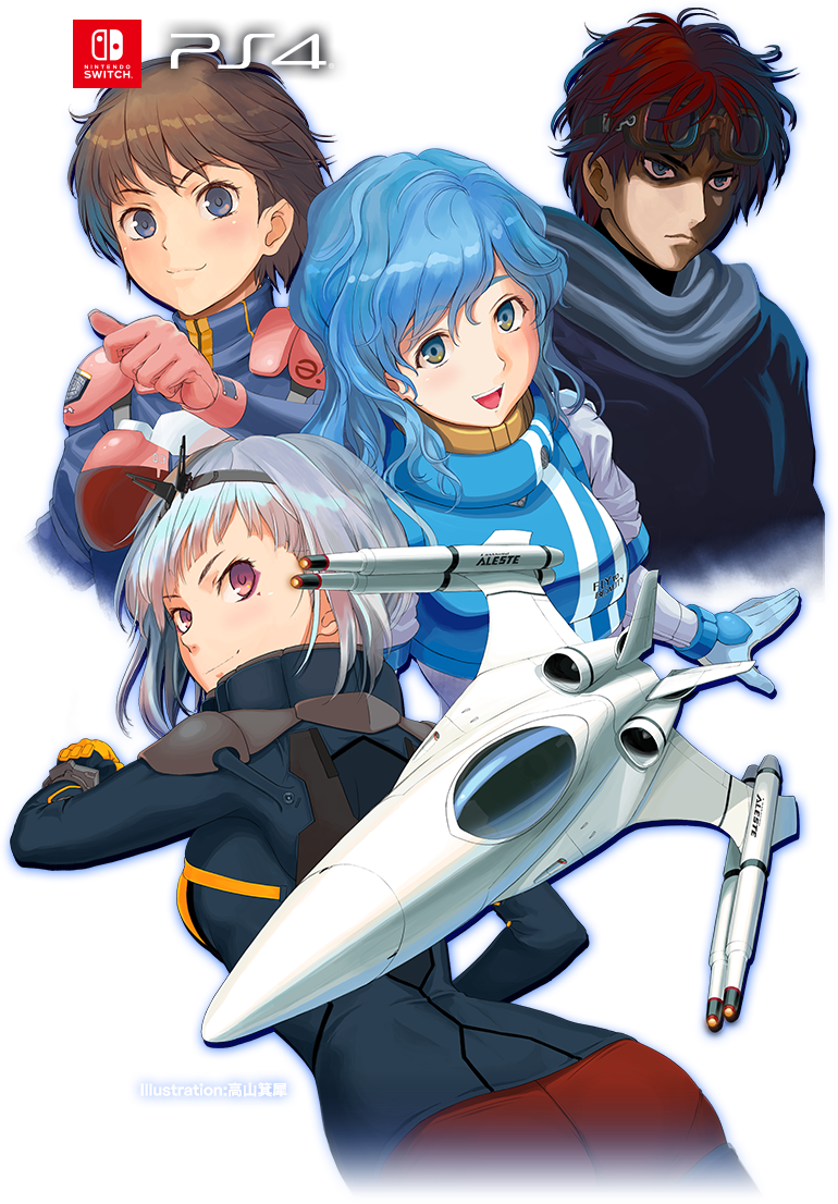2boys, 2girls, aleste, artist_name, blue_eyes, blue_hair, brown_hair, character_request