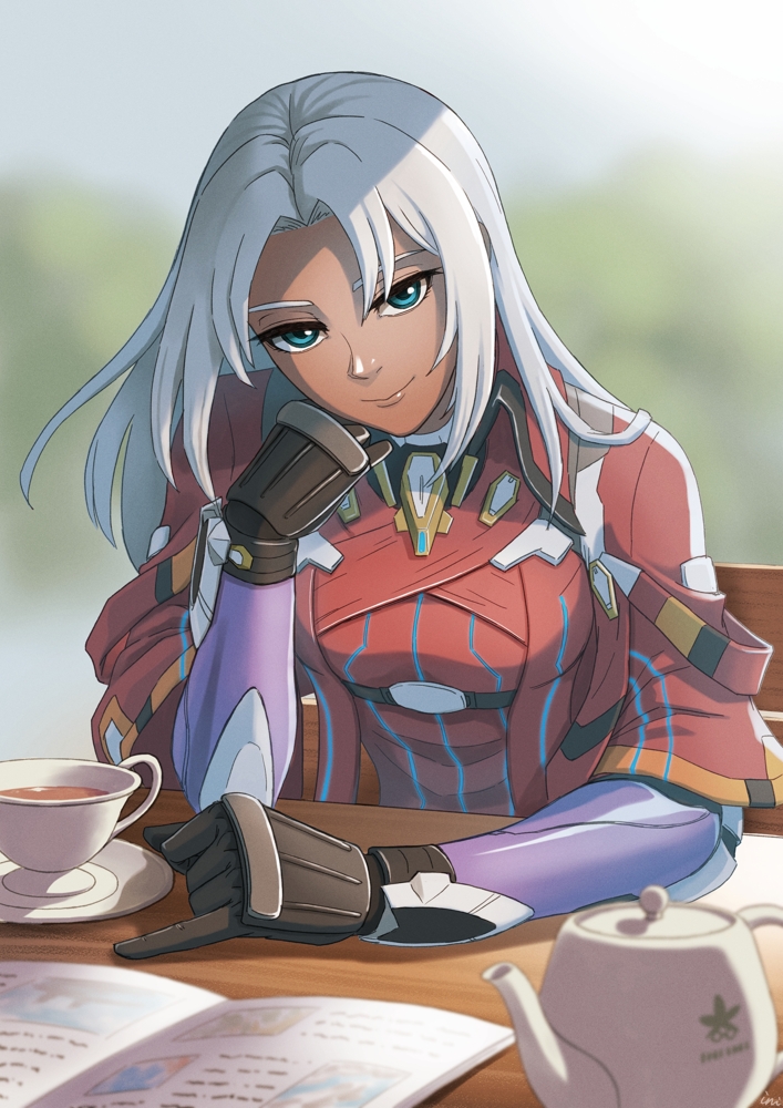 1girl, black_gloves, blue_eyes, book, breasts, chair, commentary, commission, cup, dark_skin, elma_(xenoblade_x), gloves, hand_on_own_cheek, hand_on_own_face, ini4illust, jacket, long_hair, looking_at_viewer, open_book, outdoors, red_jacket, short_sleeves, sitting, skeb_commission, smile, table, tea, teacup, teapot, white_hair, wooden_chair, wooden_table, xenoblade_chronicles_(series), xenoblade_chronicles_x