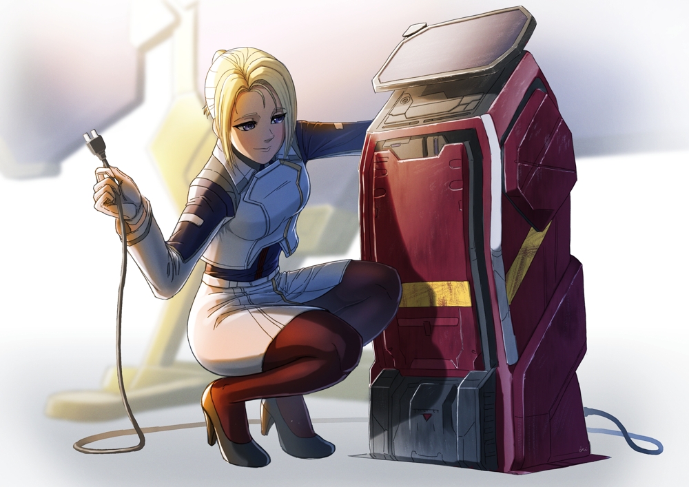 1girl, blonde_hair, breasts, commentary, electric_plug, eleonora_(xenoblade_x), gloves, grey_eyes