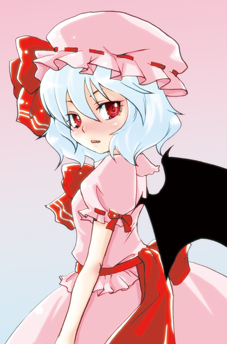 blue_hair, blush, fang, hat, looking_at_viewer, open_mouth, red_eyes, remilia_scarlet