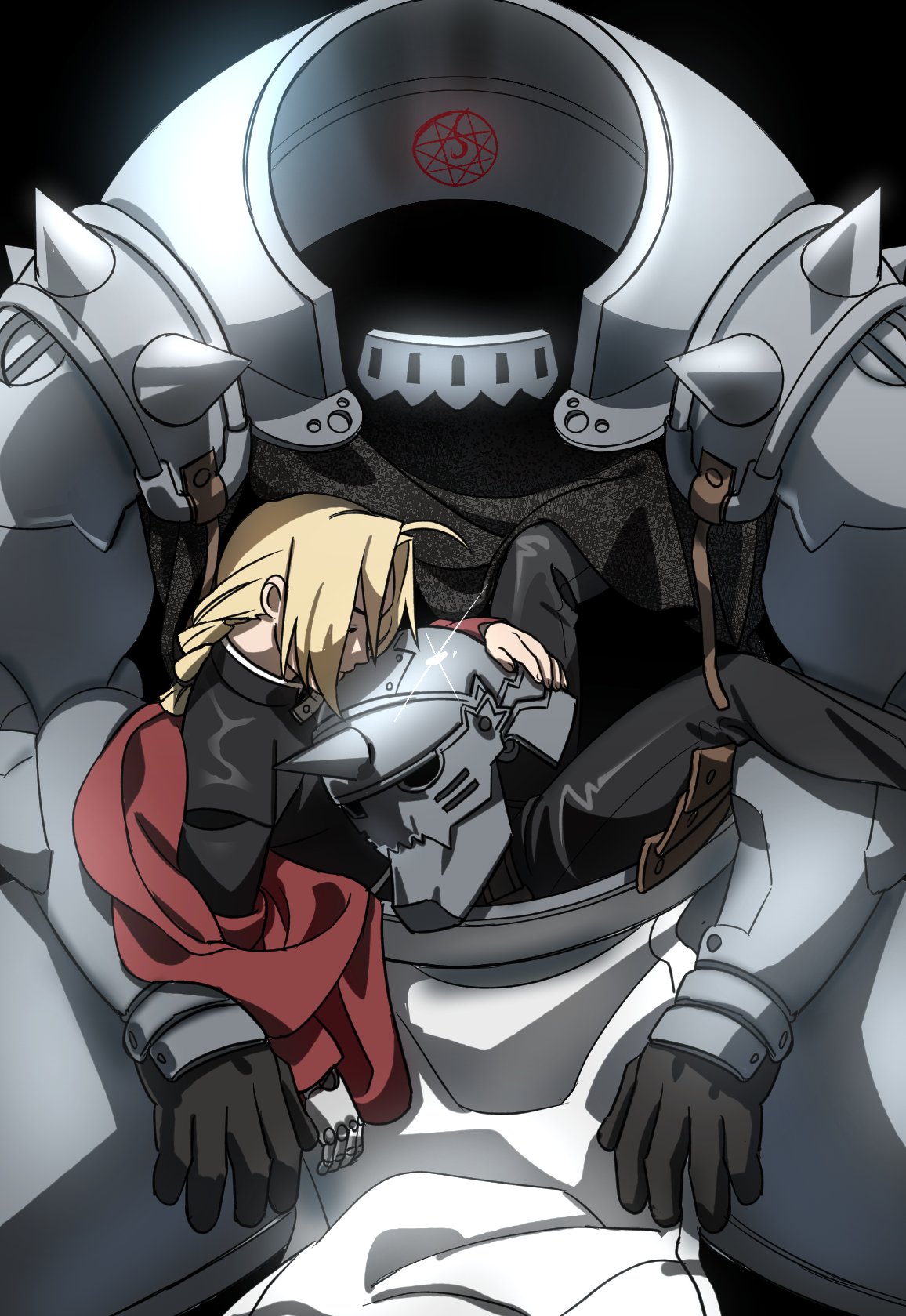 2boys, alphonse_elric, armor, black_background, black_jacket, black_pants, blush, braid, brothers, closed_eyes, coat, edward_elric, full_armor, fullmetal_alchemist, helmet, highres, jacket, male_focus, multiple_boys, okbdko123, pants, red_coat, siblings, simple_background, sleeping, unworn_headwear, unworn_helmet