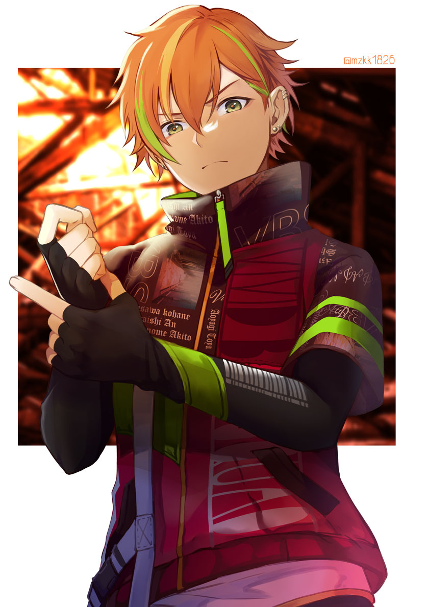 1boy, arms_up, belt, black_gloves, character_name, closed_mouth, collared_jacket, commentary