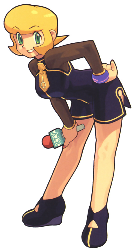green_eyes, grin, ishikawa_hideki, matilda_(rockman_dash), microphone, official_art, rockman, rockman_dash