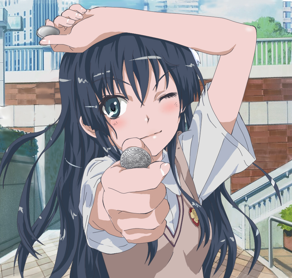 black_eyes, black_hair, coin, commentary, cosplay, hachimitsu_(toon), long_hair, misaka_mikoto