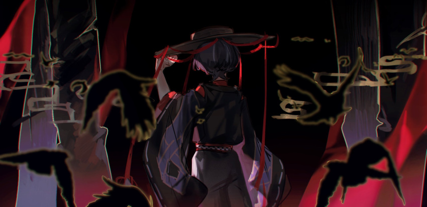 1boy, arm_at_side, belt, bird, black_background, black_hair, black_kimono, black_pants