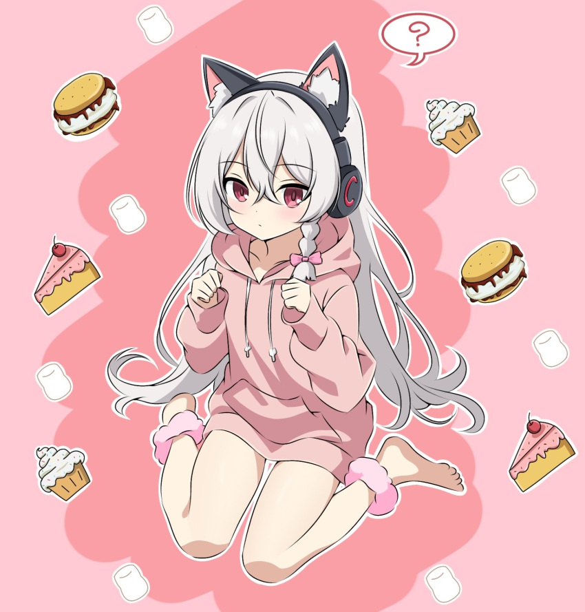 1girl, ?, animal_ear_fluff, animal_ears, ankle_scrunchie, barefoot, bow, braid
