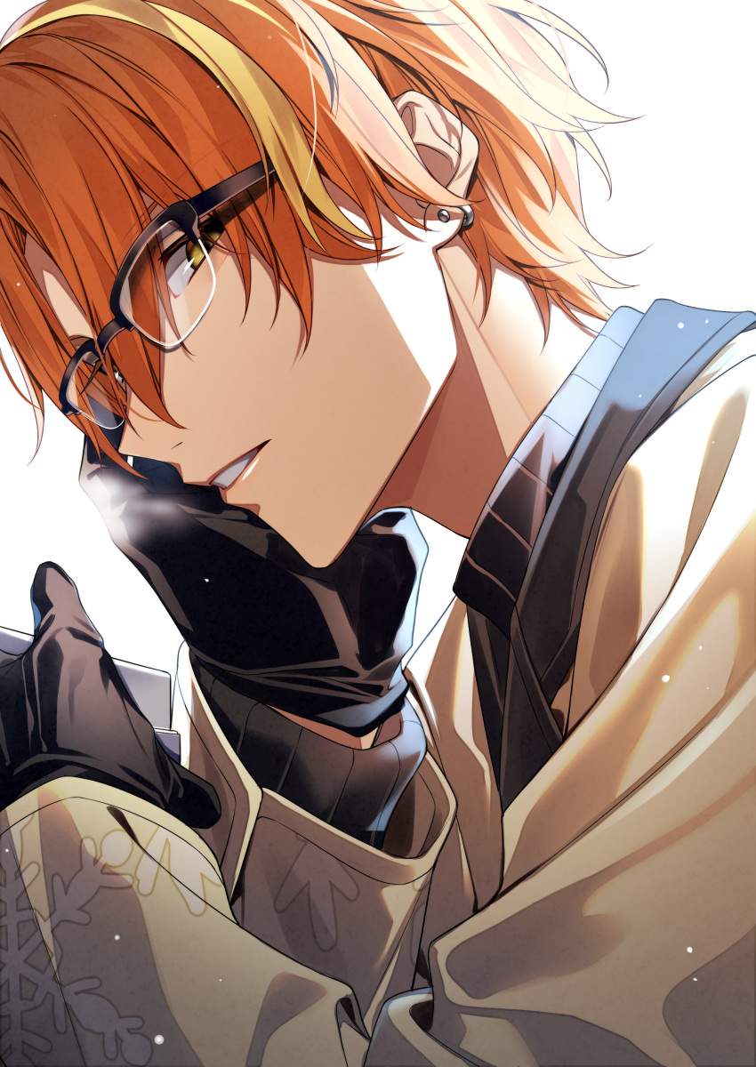 1boy, absurdres, black-framed_eyewear, black_gloves, black_shirt, brown_coat, coat, collared_shirt