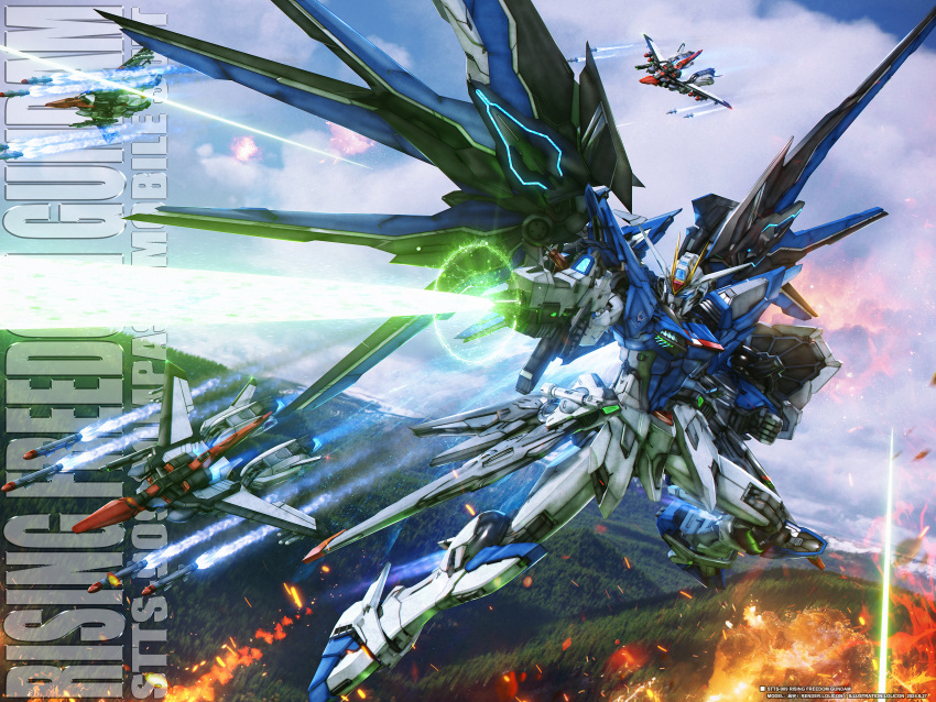absurdres, aircraft, arm_shield, beam_rifle, blue_eyes, character_name, clenched_hand, clouds