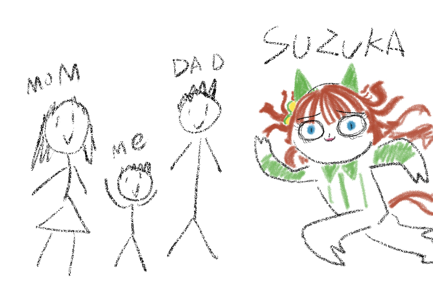 2boys, 2girls, animal_ears, blue_eyes, character_name, check_translation, child's_drawing, commentary_request