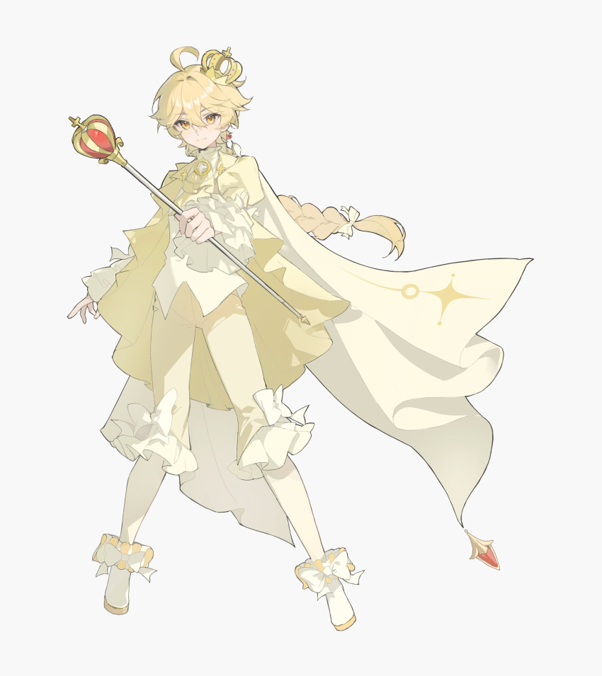 1boy, absurdres, aether_(genshin_impact), blonde_hair, braid, cape, closed_mouth, crown