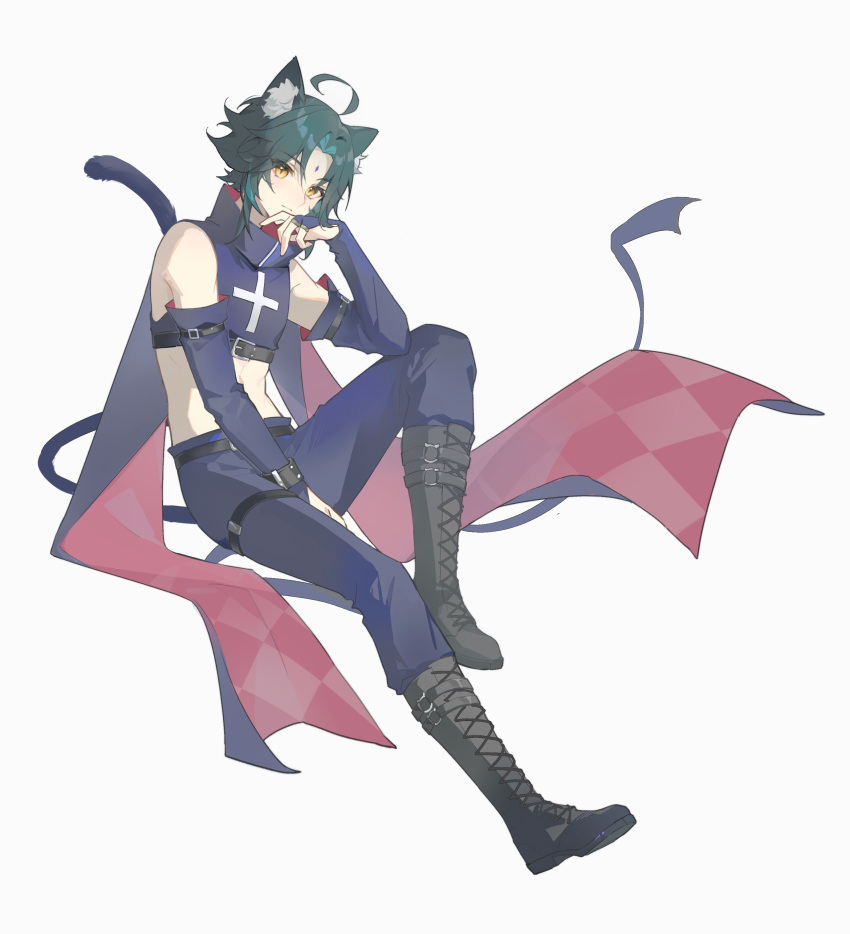 1boy, absurdres, ahoge, animal_ears, aqua_hair, black_footwear, black_hair, black_pants