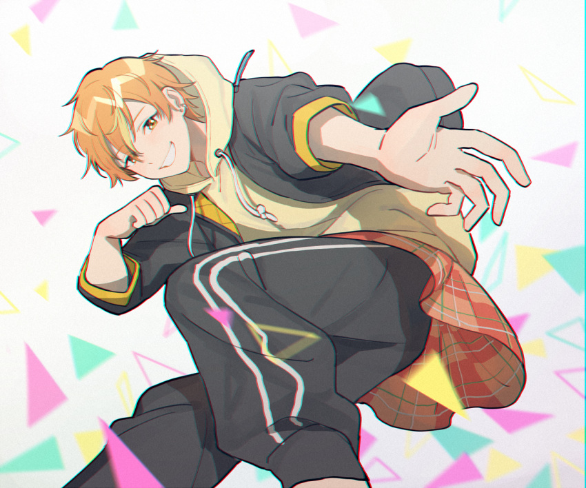 1boy, black_pants, commentary_request, curled_fingers, drawstring, feet_out_of_frame, hair_between_eyes, hood