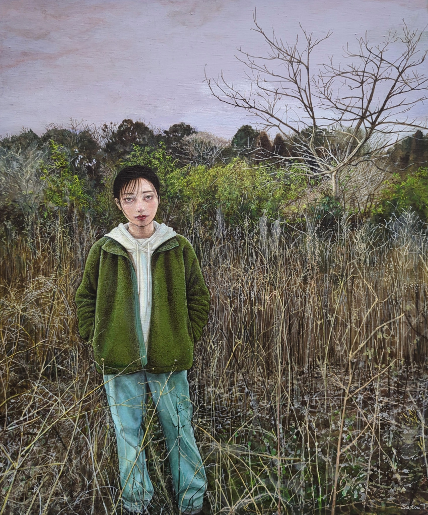 absurdres, asian, bare_tree, black_hair, blue_pants, day, dead_plants, green_jacket