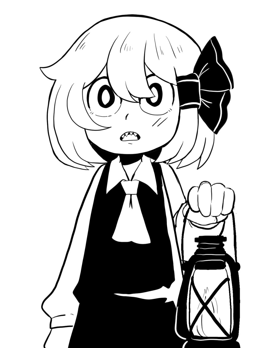 1girl, ascot, cowboy_shot, hair_ribbon, high_contrast, highres, hikibee, holding
