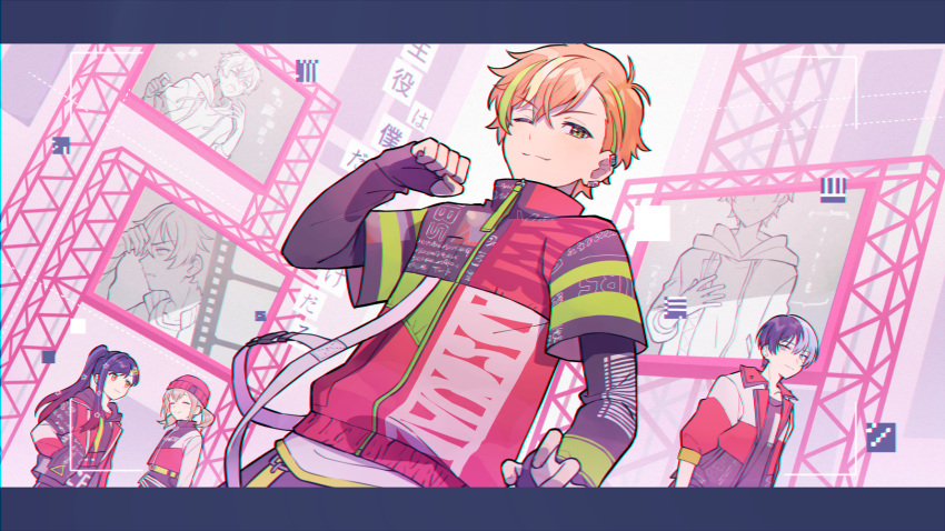 2boys, 2girls, aoyagi_touya, arm_up, azusawa_kohane, beanie, blonde_hair, blue_hair