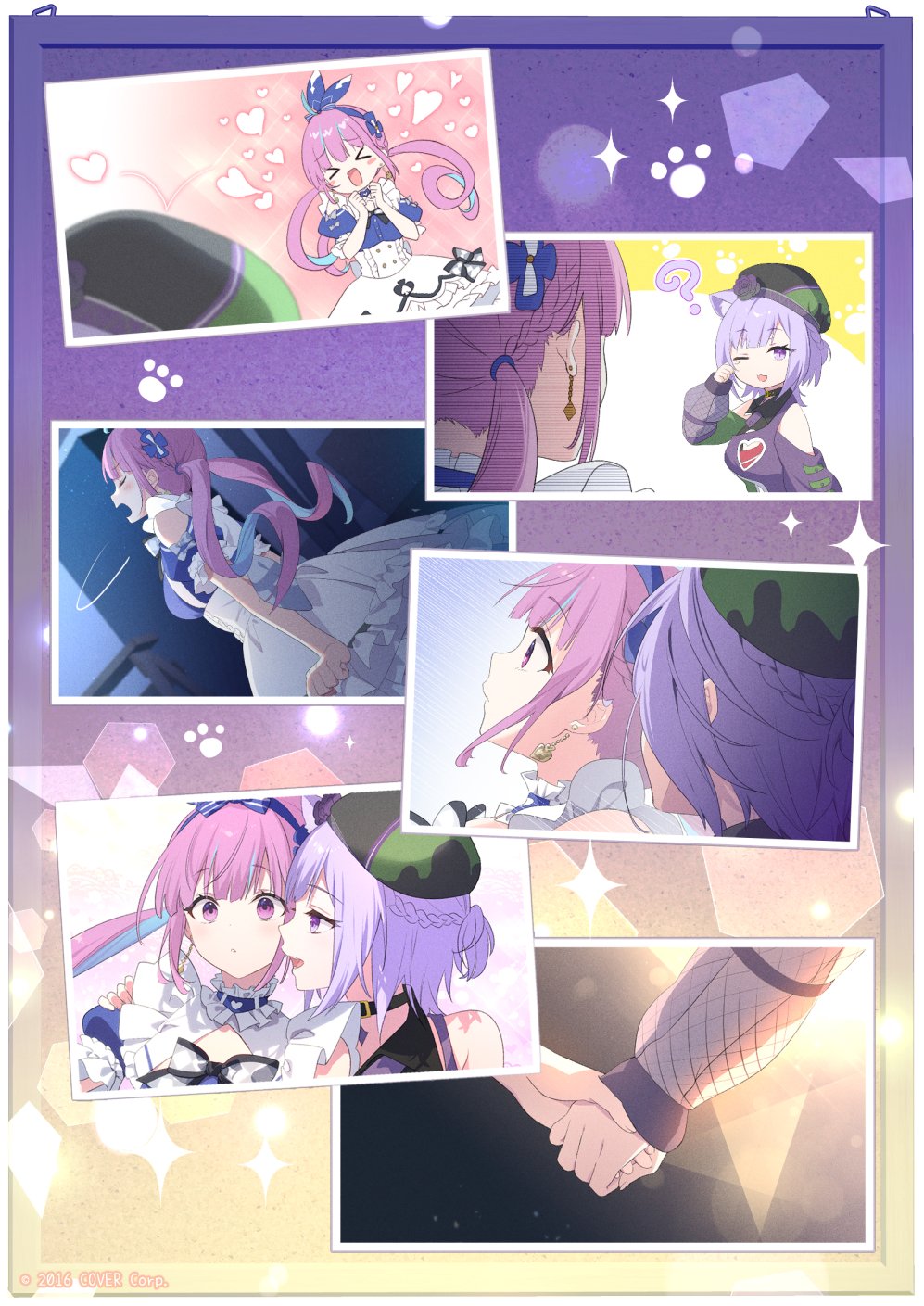 >_<, 2girls, :d, ?, ahoge, animal_ear_fluff, aqua_hair, asymmetrical_sleeves, beret, black_choker, black_hat, black_shirt, blue_shirt, blunt_bangs, cat_girl, choker, clothing_cutout, collared_shirt, colored_inner_hair, commentary_request, copyright_notice, corset, drill_hair, earrings, extra_ears, fanged_bangs, fishnet_sleeves, fishnets, flower, frilled_shirt, frilled_skirt, frills, half_up_braid, hand_on_another's_shoulder, hat, hat_flower, highres, holding_hands, hololive, jewelry, long_hair, minato_aqua, minato_aqua_(aqua_iro_in_wonder_land), mismatched_sleeves, multicolored_hair, multiple_girls, nekomata_okayu, nekomata_okayu_(poisonya_syndrome), official_alternate_costume, official_art, one_eye_closed, photo_(object), pink_hair, puffy_short_sleeves, puffy_sleeves, purple_hair, riichu, rose, shirt, short_hair, short_sleeves, shoulder_cutout, skirt, smile, streaked_hair, twin_drills, twintails, two-tone_hair, violet_eyes, virtual_youtuber, white_corset, white_skirt