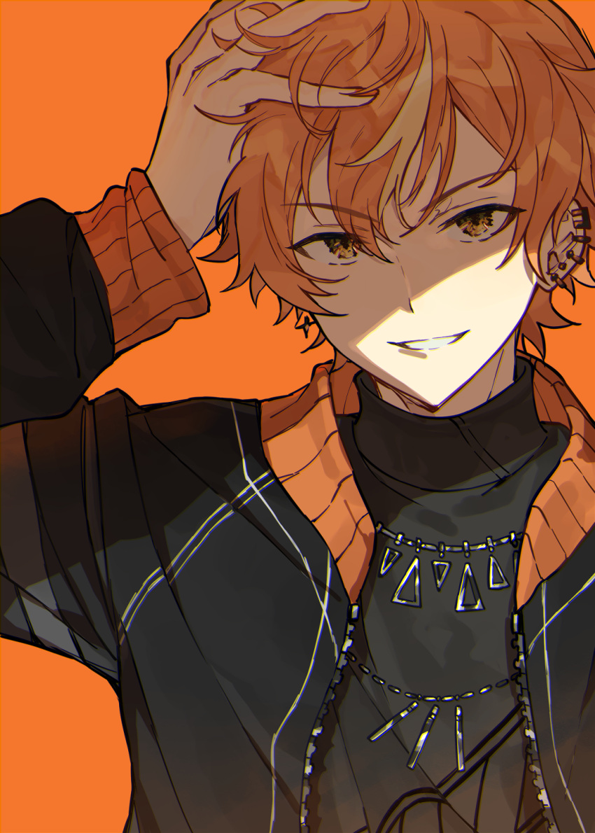 1boy, arm_up, black_shirt, commentary_request, ear_piercing, earrings, hair_between_eyes, hand_in_own_hair