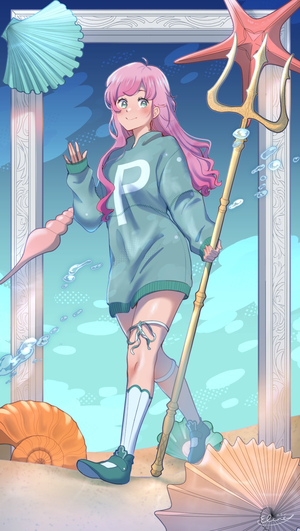 1girl, ahoge, animification, aqua_eyes, aqua_hoodie, blush, bubble, commentary, elineyuhu, english_commentary, full_body, highres, holding, hood, hood_down, long_hair, long_sleeves, looking_at_viewer, minecraft_youtube, pink_hair, prismarina, seashell, shell, sleeves_past_wrists, smile, solo, walking