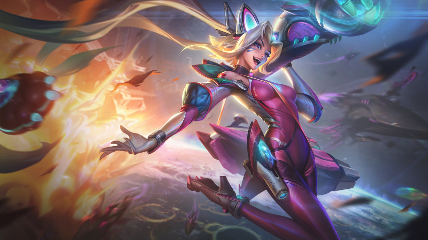 1girl, absurdres, animal_ears, battle_cat_jinx, blonde_hair, bodysuit, breasts, cat_ears