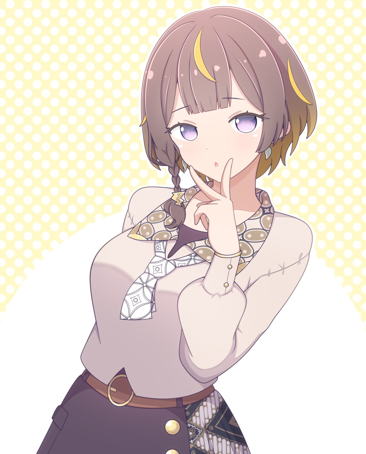 1girl, :o, anya_melfissa, anya_melfissa_(casual), arm_behind_back, braid, brown_hair, brown_shirt, collared_shirt, earrings, half-skirt, highres, hololive, hololive_indonesia, jewelry, kris_hair_ornament, leaf_earrings, light_blush, long_sleeves, multicolored_hair, neckerchief, official_alternate_costume, official_alternate_hair_length, official_alternate_hairstyle, parted_lips, polka_dot, polka_dot_background, puffy_long_sleeves, puffy_sleeves, ren_0_(044ren), shirt, short_hair, side_braid, solo, streaked_hair, upper_body, v_over_mouth, violet_eyes, virtual_youtuber, white_neckerchief