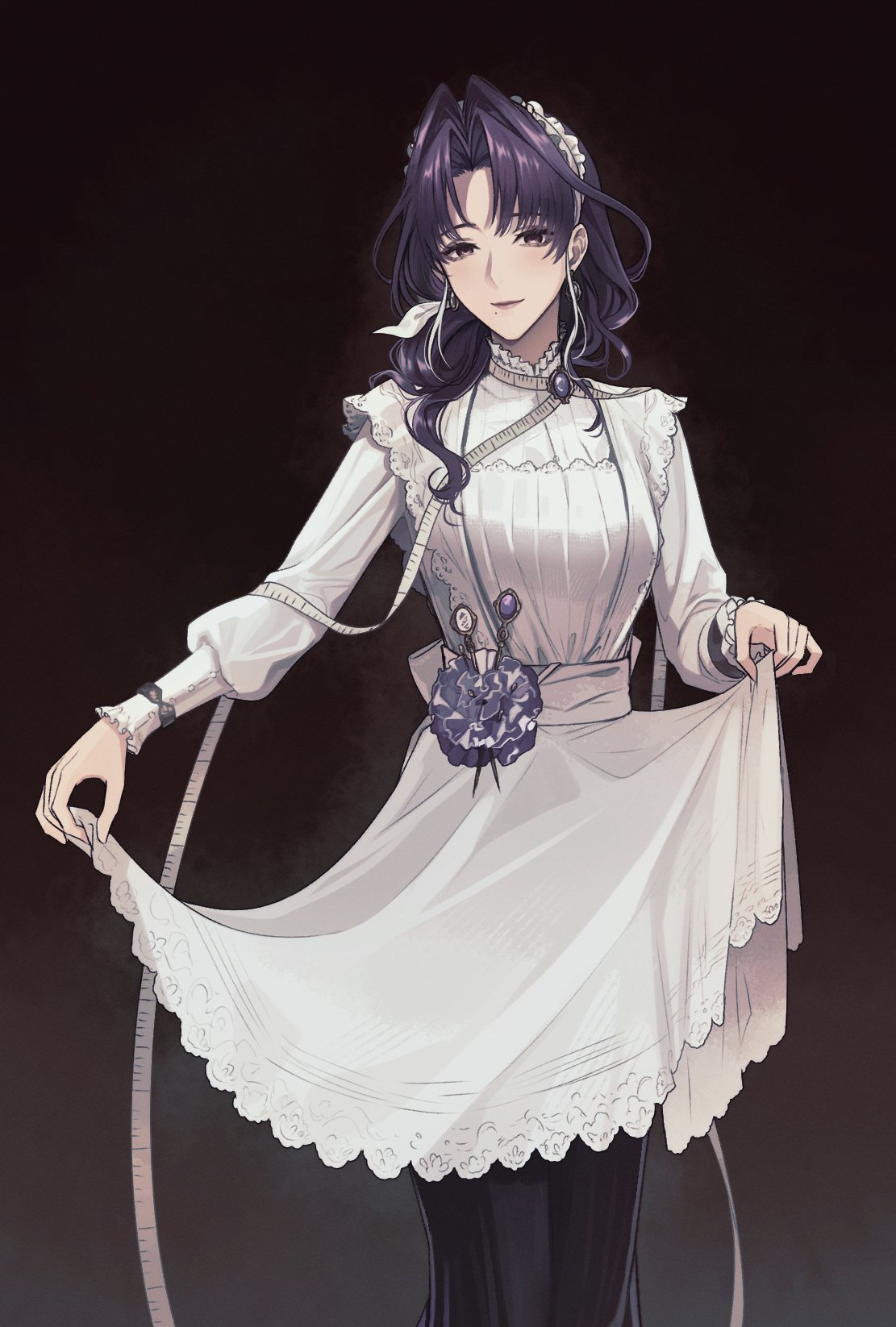 1girl, alternate_costume, angon623, black_background, black_skirt, clothes_lift, commentary, cowboy_shot