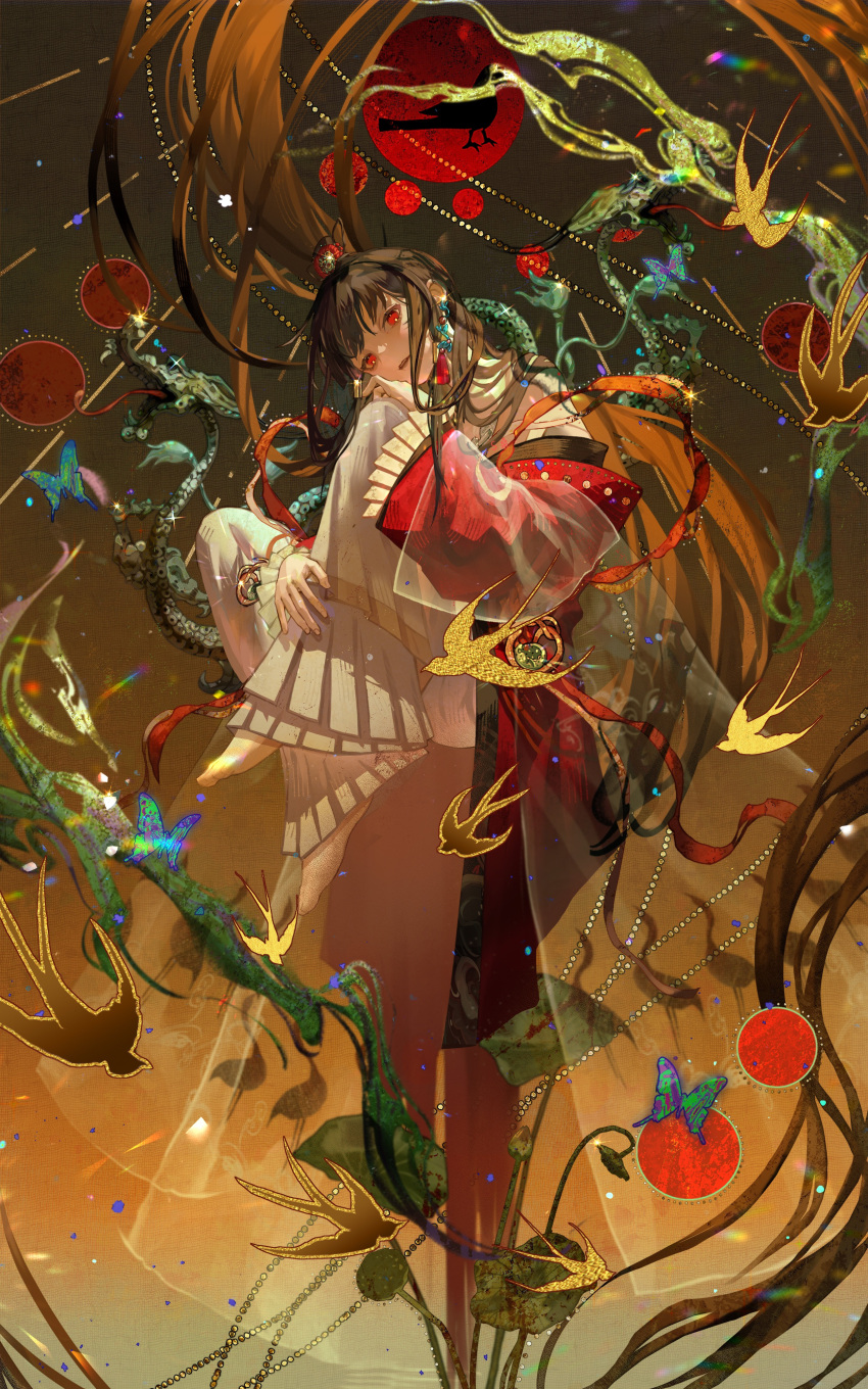 1girl, absurdres, barefoot, bird, black_hair, brown_background, coat, dragon, eastern_dragon, floating, floating_hair, from_side, full_body, hand_on_own_knee, highres, knees_to_chest, long_hair, long_sleeves, looking_at_viewer, open_mouth, pants, red_coat, red_eyes, solo, ssang721, sun_symbol, t_xing_bohua_(wuhua_mixin), very_long_hair, white_pants, wuhua_mixin
