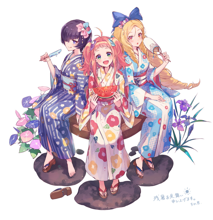 3girls, alma_(dare_ga_tame_no_alchemist), barefoot, blonde_hair, closed_mouth, dare_ga_tame_no_alchemist, drill_hair, eating