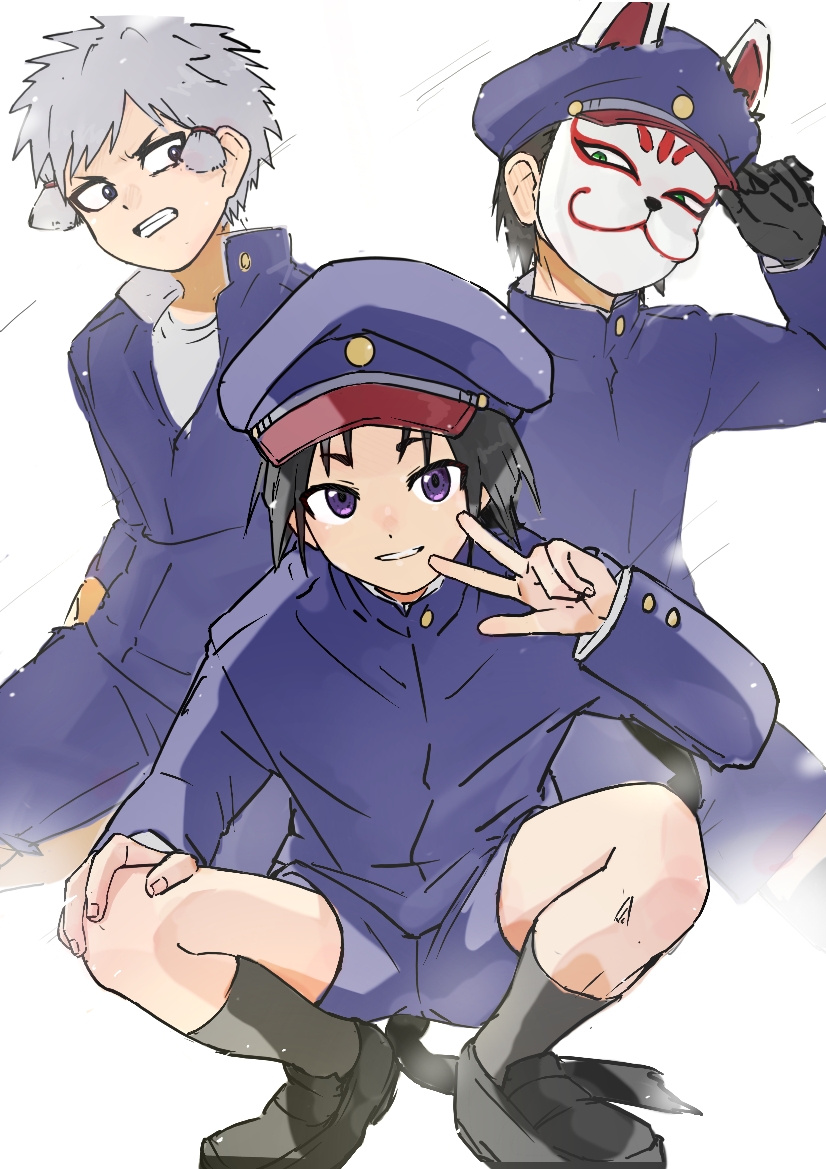 3boys, adjusting_clothes, adjusting_headwear, animal_ears, arm_up, black_eyes, black_footwear, black_gloves, black_hair, black_socks, blue_jacket, blue_shorts, buttoned_cuffs, buttons, clenched_teeth, fox_ears, fox_mask, furrowed_brow, gakuran, gloves, green_eyes, grey_hair, grin, hand_on_own_knee, hands_in_pocket, hat, high_collar, houjou_tokiyuki_(nige_jouzu_no_wakagimi), jacket, kazama_genba, kneehighs, leg_up, loafers, long_hair, long_sleeves, looking_at_another, looking_at_viewer, low-tied_long_hair, mask, military_hat, multiple_boys, nezu_kojirou, nige_jouzu_no_wakagimi, official_alternate_costume, parted_bangs, peaked_cap, same_same67, sanpaku, school_uniform, shirt, shoes, short_hair, shorts, sidelocks_tied_back, simple_background, smile, socks, squatting, teeth, unbuttoned_jacket, v, very_long_hair, very_short_hair, violet_eyes, white_background, white_shirt