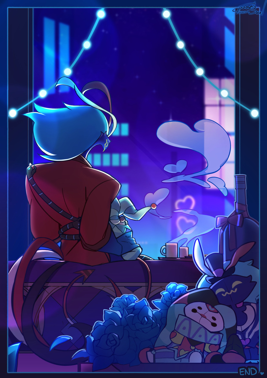 2boys, absurdres, asmodeus_(helluva_boss), blue_flower, blue_rose, building, commentary, couple