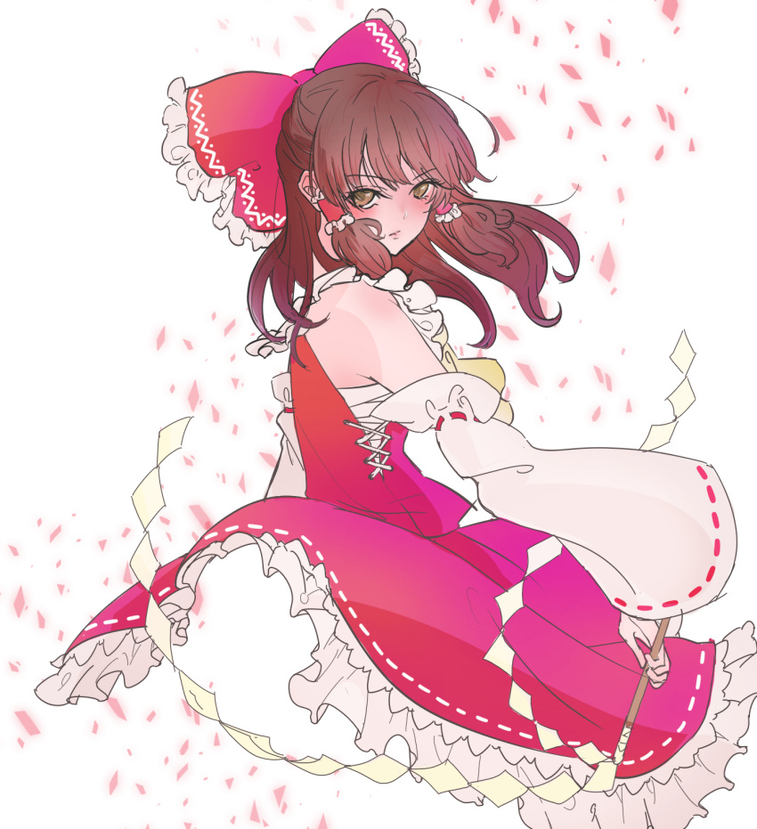 1girl, bow, brown_eyes, brown_hair, closed_mouth, commentary_request, cropped_legs, detached_sleeves, eyelashes, frilled_bow, frilled_hair_tubes, frills, gohei, hair_bow, hair_tubes, hakurei_reimu, highres, holding, holding_gohei, long_hair, looking_at_viewer, r18ankou, red_bow, red_shirt, red_skirt, shirt, skirt, sleeves_past_wrists, solo, touhou