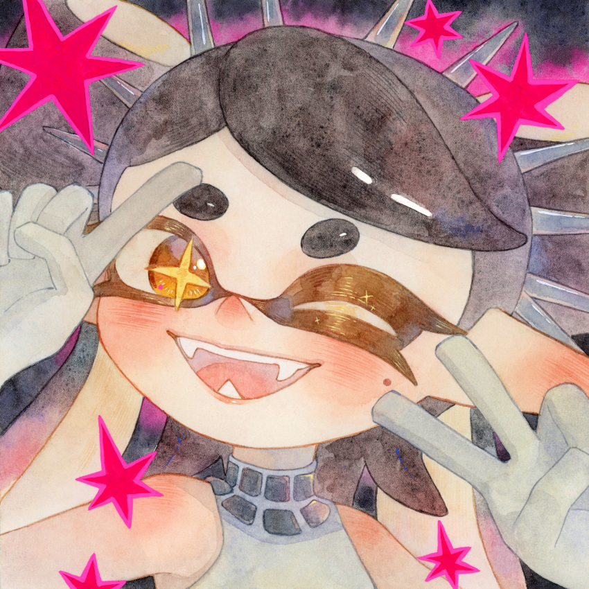 1girl, ;d, absurdres, arm_up, black_hair, blush, bow-shaped_hair, callie_(splatoon), commentary_request, dmwggg, fangs, gloves, grey_gloves, grey_shirt, hand_up, highres, index_finger_raised, inkling, long_hair, long_pointy_ears, mole, mole_under_eye, official_alternate_costume, one_eye_closed, open_mouth, pointy_ears, portrait, shirt, sleeveless, sleeveless_shirt, smile, solo, splatoon_(series), splatoon_3, star-shaped_pupils, star_(symbol), swept_bangs, symbol-shaped_pupils, tentacle_hair, thick_eyebrows, twintails, v, yellow_eyes, yellow_pupils