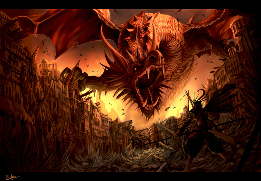 cityscape, dragon, fantasy, fuji_q, original, sky, weapon