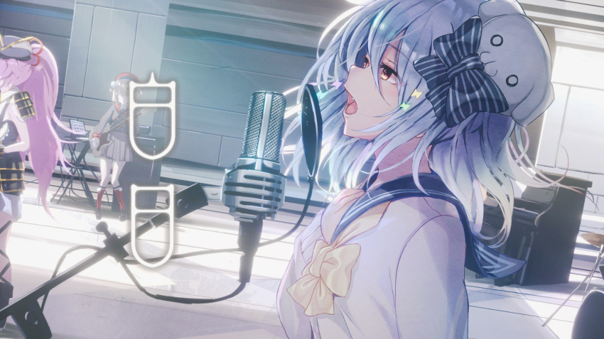1boy, 2girls, beret, black_hat, blue_bow, blue_hair, blue_sailor_collar, bow, bowtie, cardigan, commentary_request, copyright_name, electric_guitar, gittan_gittan, grand_piano, grey_jacket, grey_skirt, guitar, hair_bow, hakujitsu_(king_gnu), hand_up, hat, highres, holding, holding_instrument, indie_virtual_youtuber, indoors, instrument, inuyama_tamaki, jacket, long_hair, long_sleeves, medium_hair, microphone, multiple_girls, music, noripro, oda_nobuhime, official_art, open_mouth, orange_eyes, otoko_no_ko, piano, pink_hair, playing_instrument, project_upd8, red_hat, sailor_collar, second-party_source, shigure_ui_(vtuber), shigure_ui_(vtuber)_(1st_costume), singing, skirt, solo_focus, standing, studio, upper_body, virtual_youtuber, yellow_bow, yellow_bowtie