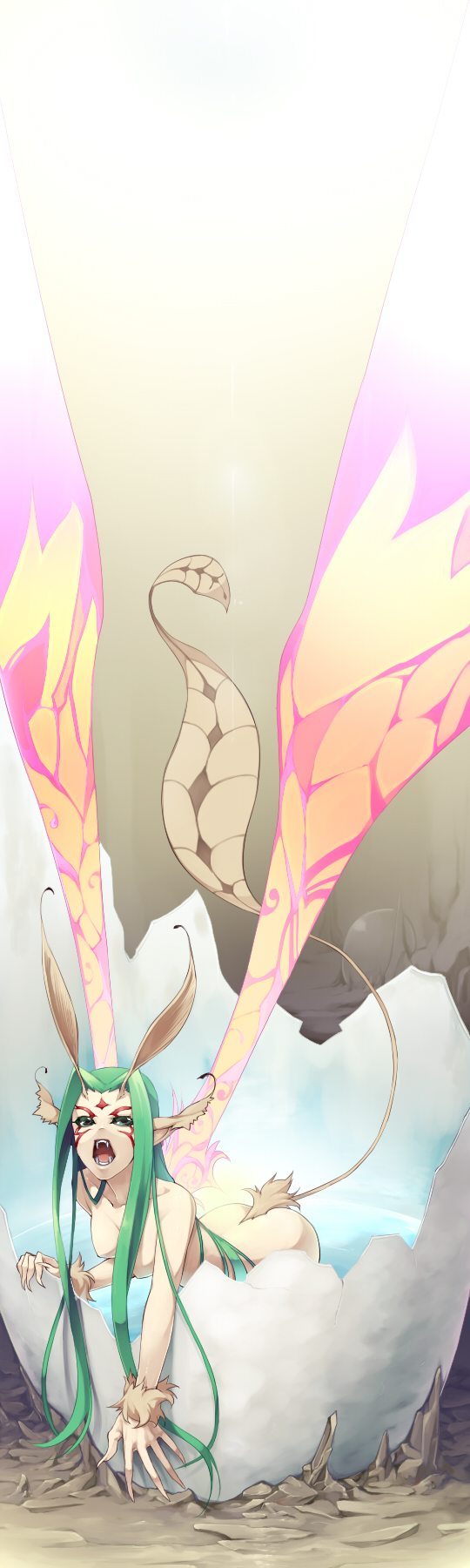 facial_mark, fairy, fairy_wings, fangs, forehead_mark, green_eyes, green_hair, highres