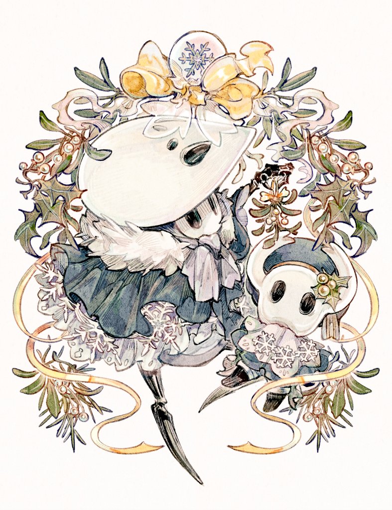 1boy, arthropod_boy, blue_cloak, bow, christmas, cloak, commentary_request, fioco_virus, fur_trim, hat, holding, holding_mistletoe, hollow_knight, holly, horns, knight_(hollow_knight), leaf, light_brown_background, mask, mask_on_head, mistletoe, quirrel, ribbon, simple_background, snowflakes, winter_clothes