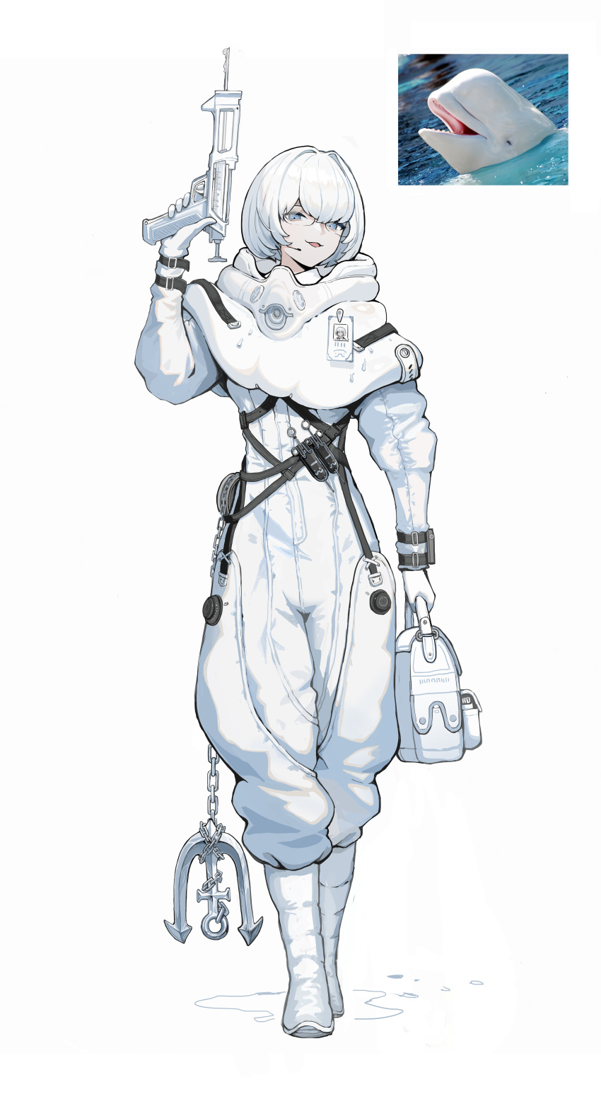 1girl, absurdres, anchor, beluga_whale, cho_gum, diving_suit, full_body, gun